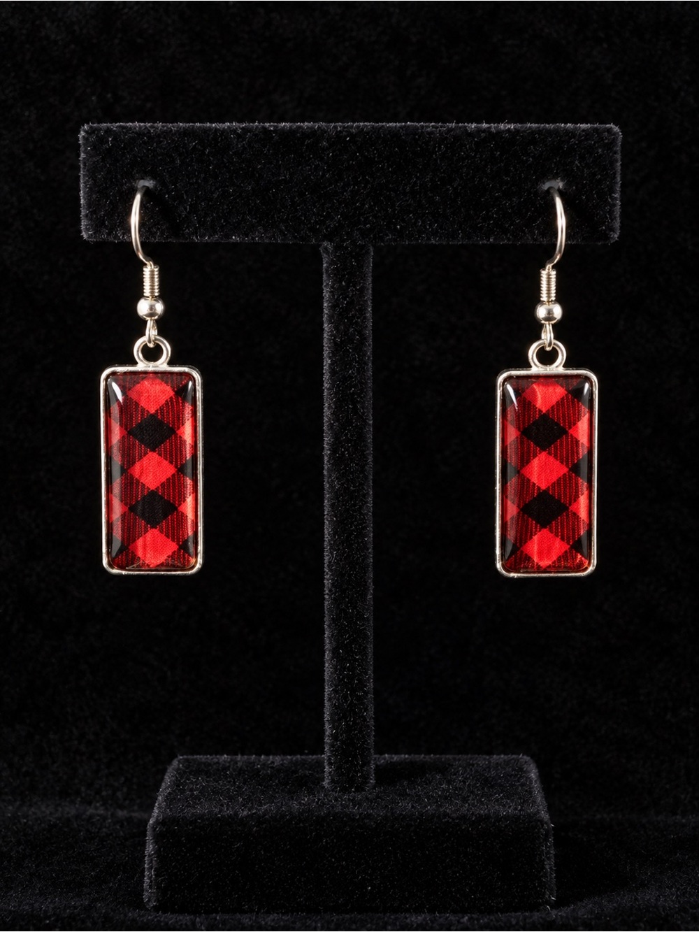 Red and Black Plaid Rectangle Dangle Earrings